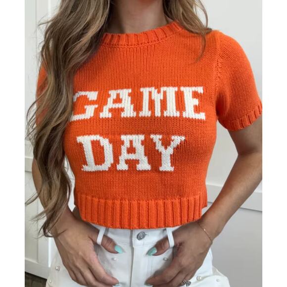 Day + Moon Orange and White Gameday short sleeve cropped Sweater, size small - Picture 1 of 9